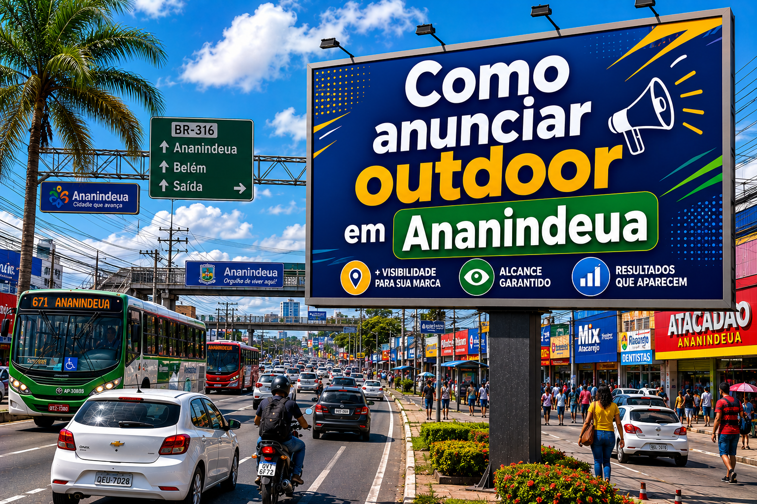 Outdoor publicitário em Ananindeua, Pará, localizado na BR-316, exibindo a frase “Como anunciar outdoor em Ananindeua” em meio ao trânsito urbano, comércios e cenário metropolitano da cidade.