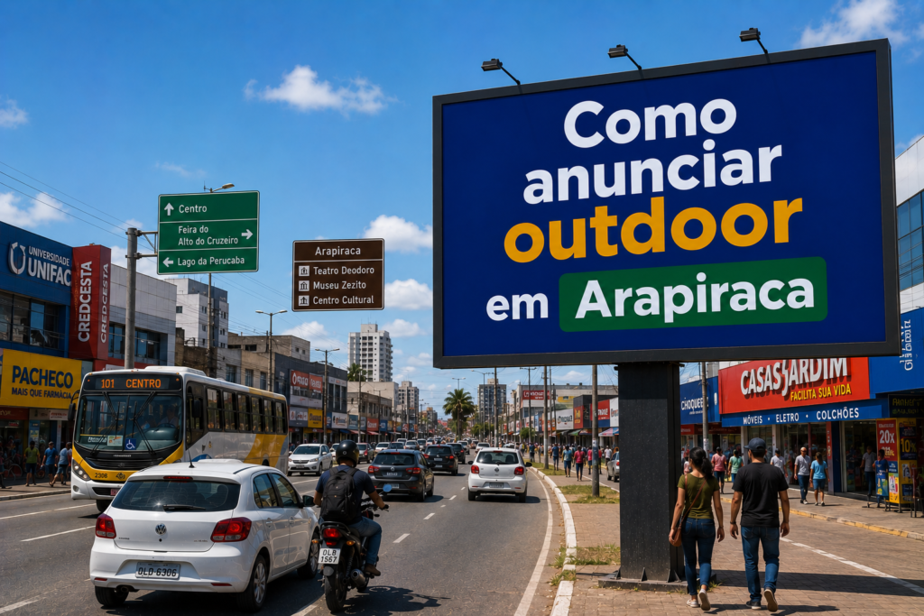 Outdoor publicitário em Arapiraca, Alagoas, instalado na Avenida Deputada Ceci Cunha, exibindo a frase “Como anunciar outdoor em Arapiraca” em meio ao trânsito urbano, comércios e cenário típico da cidade.