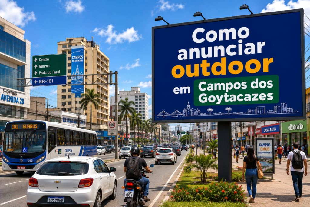 Outdoor publicitário em Campos dos Goytacazes, Rio de Janeiro, instalado na Avenida 28 de Março, exibindo a frase “Como anunciar outdoor em Campos dos Goytacazes” em meio ao trânsito urbano e ao cenário comercial da cidade.