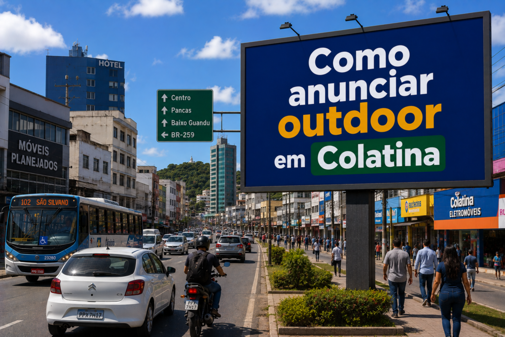 Outdoor publicitário em Colatina, Espírito Santo, instalado na Avenida Getúlio Vargas, exibindo a frase “Como anunciar outdoor em Colatina” em meio ao trânsito urbano e ao cenário comercial da cidade.