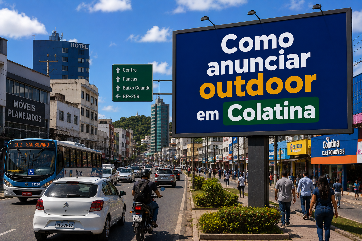 Outdoor publicitário em Colatina, Espírito Santo, instalado na Avenida Getúlio Vargas, exibindo a frase “Como anunciar outdoor em Colatina” em meio ao trânsito urbano e ao cenário comercial da cidade.