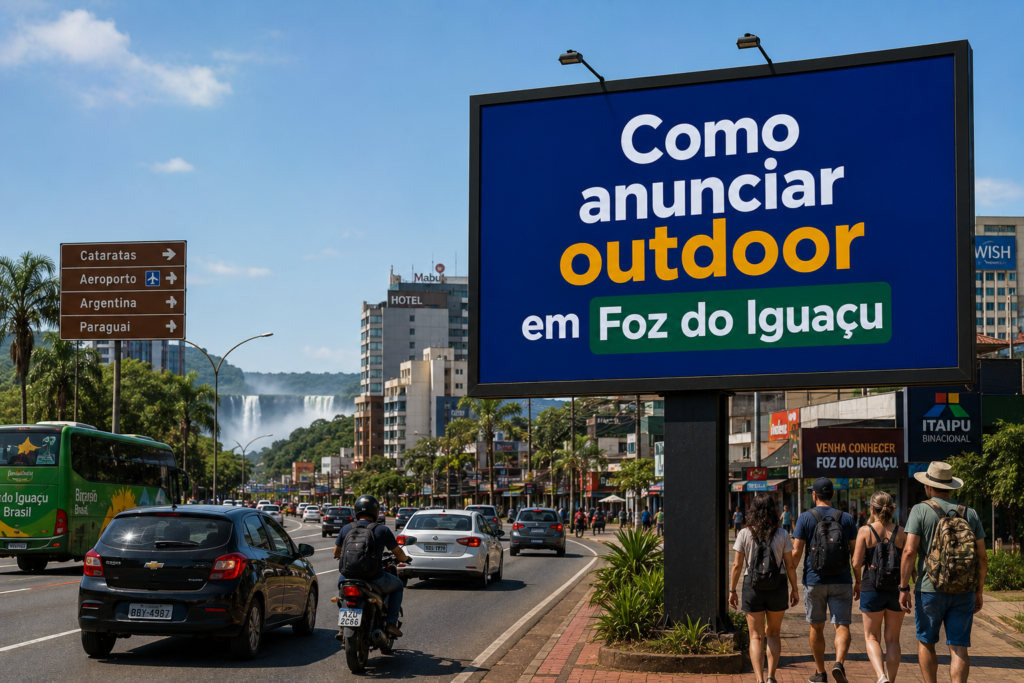 Outdoor publicitário em Foz do Iguaçu, Paraná, localizado na Avenida das Cataratas, exibindo a frase “Como anunciar outdoor em Foz do Iguaçu” em meio ao trânsito urbano, hotéis e cenário turístico da cidade.