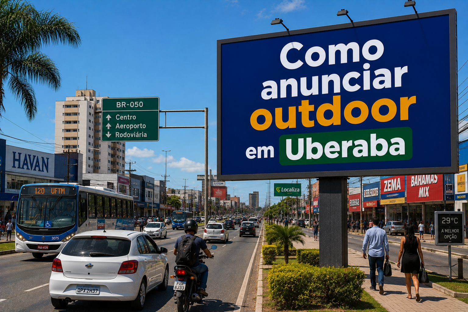 Outdoor publicitário em Uberaba, Minas Gerais, instalado na Avenida Leopoldino de Oliveira, exibindo a frase “Como anunciar outdoor em Uberaba” em meio ao trânsito urbano e ao cenário comercial da cidade.