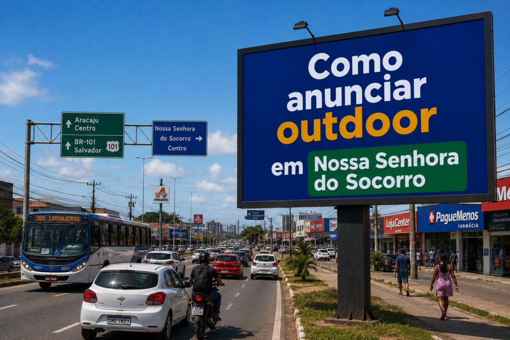 Outdoor publicitário em Nossa Senhora do Socorro, Sergipe, localizado próximo à BR-101, exibindo a frase “Como anunciar outdoor em Nossa Senhora do Socorro” em meio ao trânsito urbano e ao comércio da cidade.