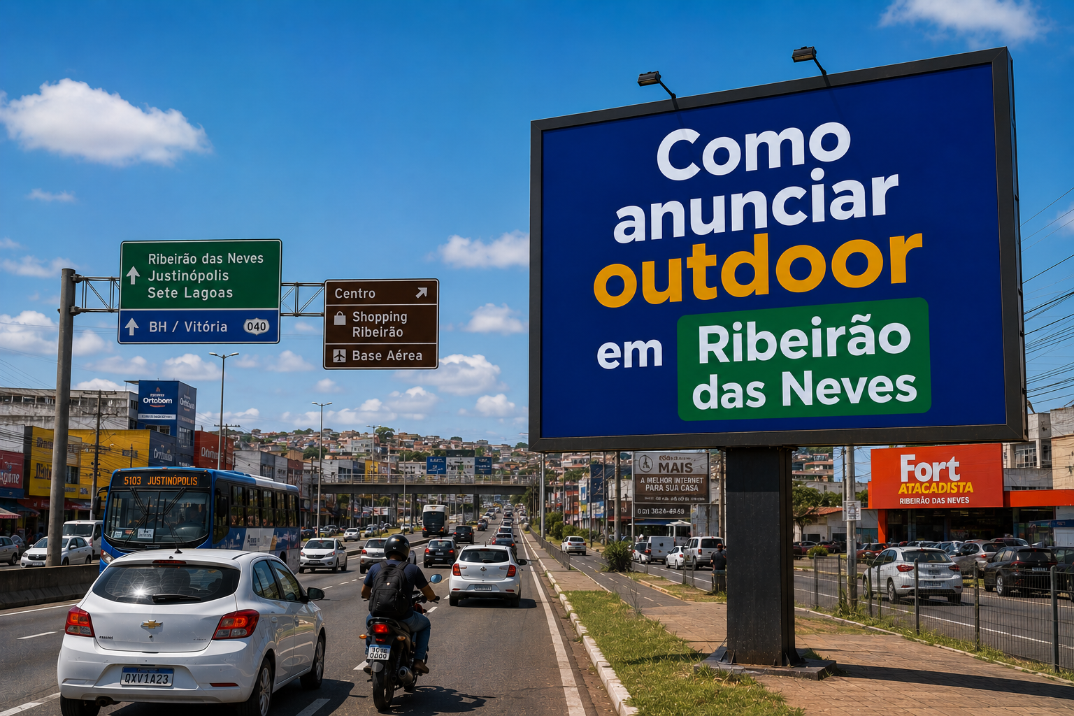 Outdoor publicitário em Ribeirão das Neves, Minas Gerais, localizado próximo à BR-040, exibindo a frase “Como anunciar outdoor em Ribeirão das Neves” em meio ao trânsito urbano e cenário comercial da cidade.