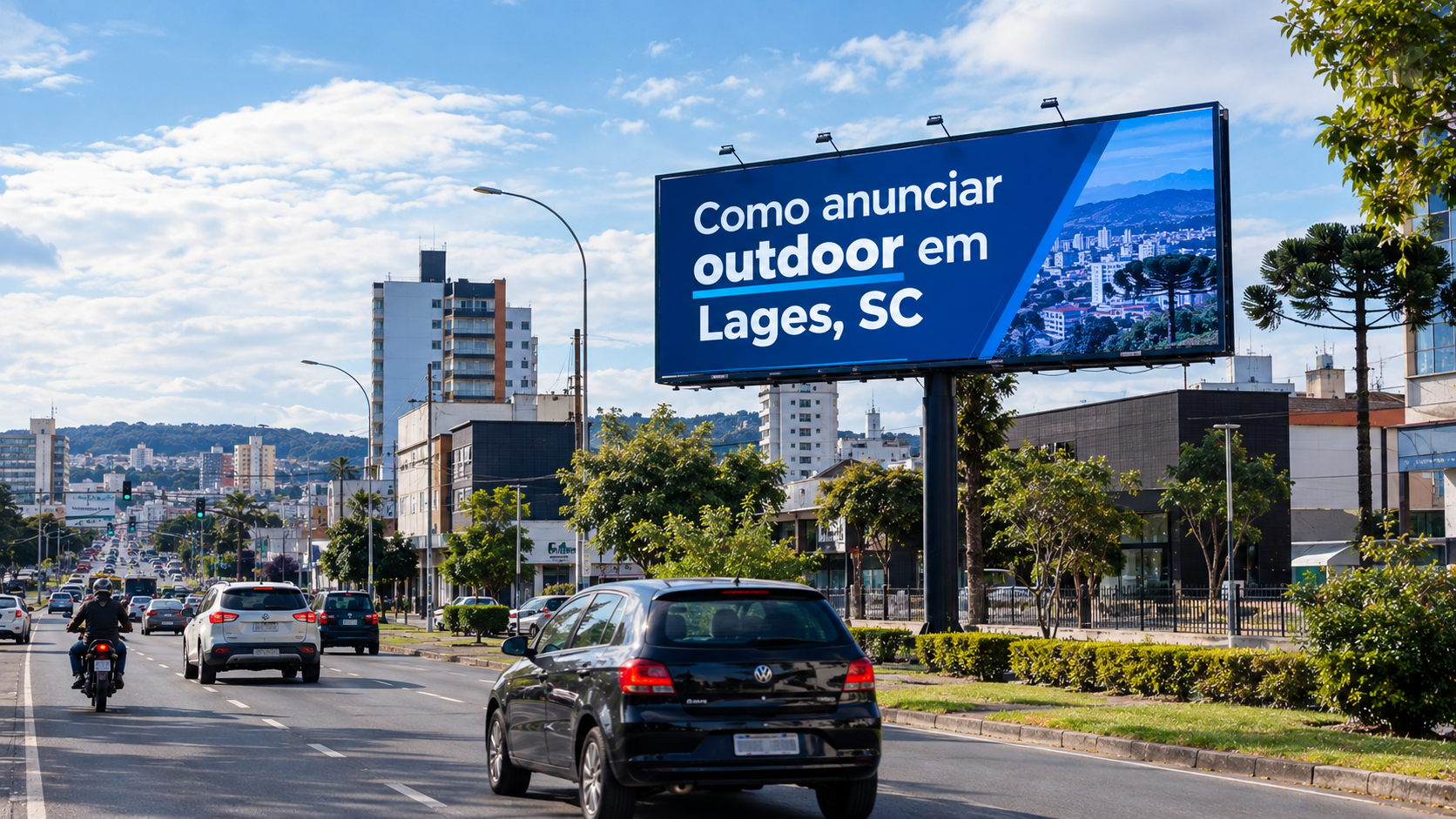 Outdoor publicitário em avenida movimentada de Lages, Santa Catarina, destacando a divulgação de marcas por meio da mídia exterior.