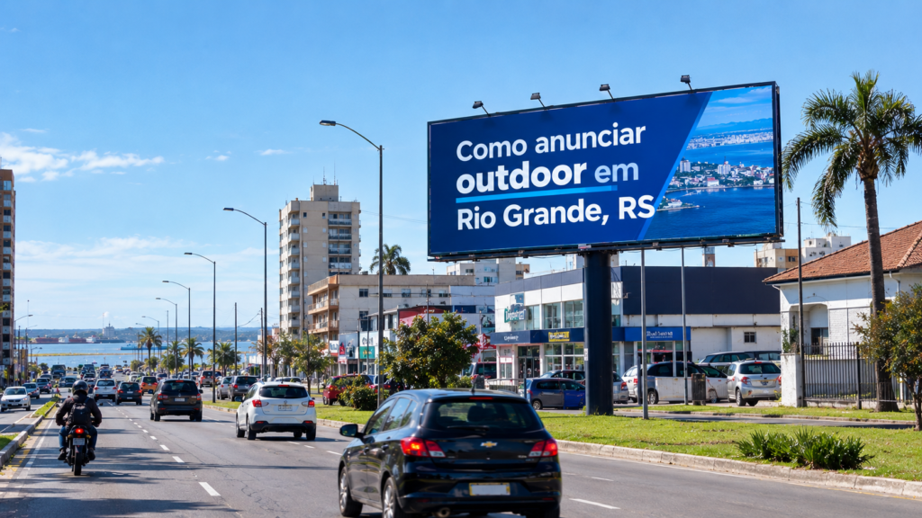Outdoor publicitário em avenida movimentada de Rio Grande, Rio Grande do Sul, destacando a divulgação de marcas por meio da mídia exterior.