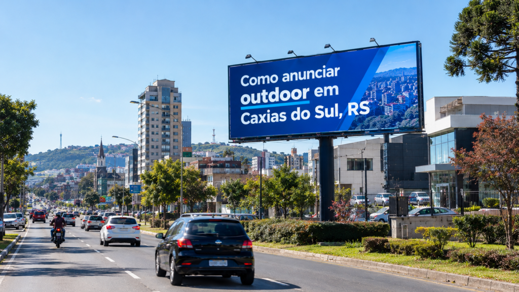 Outdoor publicitário em avenida movimentada de Caxias do Sul, Rio Grande do Sul, destacando a divulgação de marcas por meio da mídia exterior.