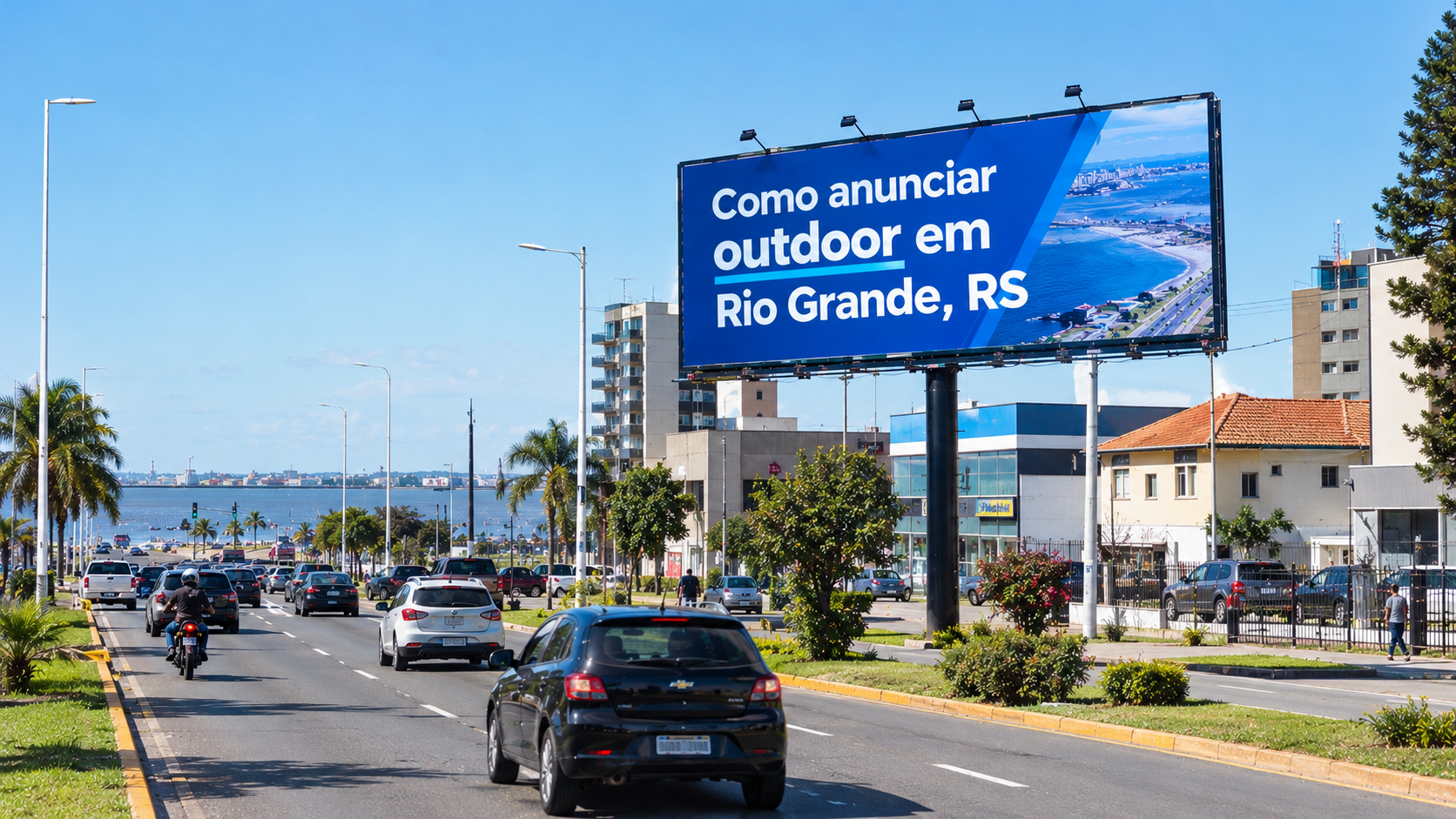 Outdoor publicitário em avenida movimentada de Santa Maria, Rio Grande do Sul, destacando a divulgação de marcas por meio da mídia exterior.