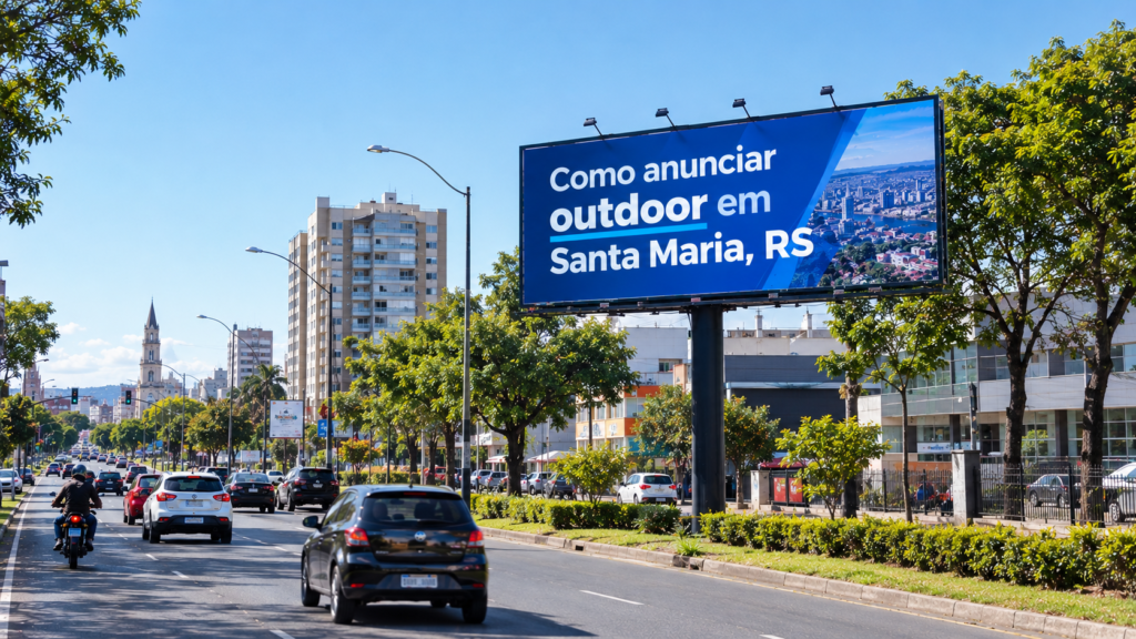 Outdoor publicitário em avenida movimentada de Caxias do Sul, Rio Grande do Sul, destacando a divulgação de marcas por meio da mídia exterior.