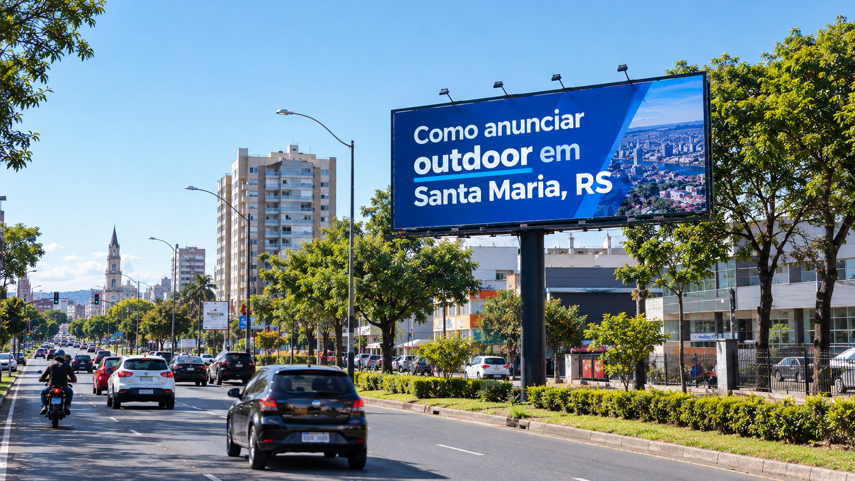 Outdoor publicitário em avenida movimentada de Caxias do Sul, Rio Grande do Sul, destacando a divulgação de marcas por meio da mídia exterior.